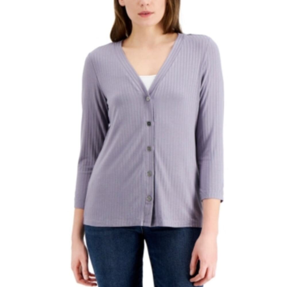 Fever Purple Ribbed Knit 3/4 Sleeve Button Front Cardigan Shirt Women Medium New
